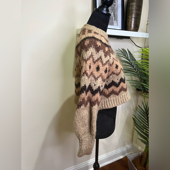 ZARA Fair Isle Tan/Brown Neutrals Carson Geometric Wool Blend Sweater Medium - Picture 4 of 8